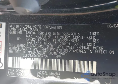 2004 Toyota Highlander V6 from USA, damaged, VIN JTEDP21A340037707